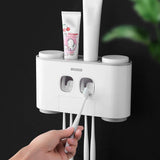 NNEDSZ Ecoco Wall-Mounted Toothbrush Holder with 2 Toothpaste Dispensers 4 Cups and 5 Toothbrush Slots Toiletries Bathroom Storage Rack (Grey)