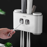 NNEDSZ Ecoco Wall-Mounted Toothbrush Holder with 2 Toothpaste Dispensers 4 Cups and 5 Toothbrush Slots Toiletries Bathroom Storage Rack (Grey)