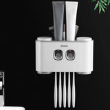 NNEDSZ Ecoco Wall-Mounted Toothbrush Holder with 2 Toothpaste Dispensers 4 Cups and 5 Toothbrush Slots Toiletries Bathroom Storage Rack (Grey)
