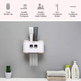 NNEDSZ Ecoco Wall-Mounted Toothbrush Holder with 2 Toothpaste Dispensers 4 Cups and 5 Toothbrush Slots Toiletries Bathroom Storage Rack (Grey)