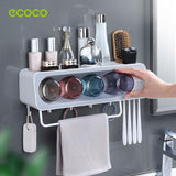 NNEDSZ Ecoco Wall-Mounted Toothbrush Holder with 4 Cups and 4 Toothbrush Slots Toiletries Bathroom Storage Rack Grey