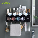 NNEDSZ Ecoco Wall-Mounted Toothbrush Holder with 4 Cups and 4 Toothbrush Slots Toiletries Bathroom Storage Rack Grey