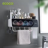 NNEDSZ Ecoco Wall-Mounted Toothbrush Holder with 4 Cups and 4 Toothbrush Slots Toiletries Bathroom Storage Rack Grey
