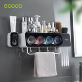 NNEDSZ Ecoco Wall-Mounted Toothbrush Holder with 4 Cups and 4 Toothbrush Slots Toiletries Bathroom Storage Rack Grey