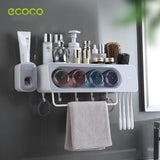 NNEDSZ Ecoco Wall-Mounted Toothbrush Holder with 4 Cups and 4 Toothbrush Slots Toiletries Bathroom Storage Rack Grey