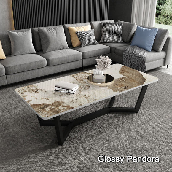 NNEDSZ 120x60cm Glossy Pandora Minimalist Slate Coffee Table Marble Tea Table Living Room Rectangle Cocktail Side Table Solid Metal Legs