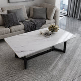 NNEDSZ 120x60cm Glossy White Minimalist Slate Coffee Table Marble Tea Table Living Room Rectangle Cocktail Side Table Solid Metal Legs