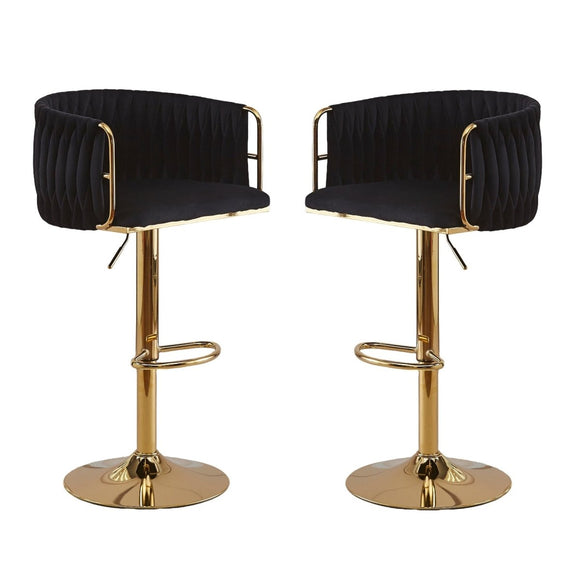 NNEDSZ 2x Height Adjustable Black Swivel Bar Stool Velvet Golden Round Base Barstools Chairs