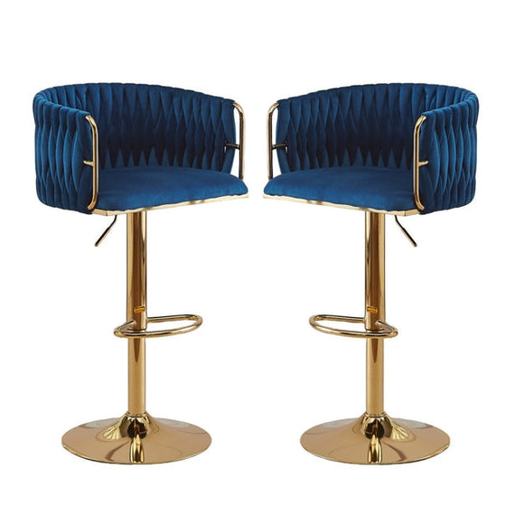 NNEDSZ 2x Height Adjustable Blue Swivel Bar Stool Velvet Golden Round Base Barstools Chairs