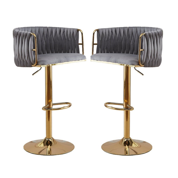 NNEDSZ 2x Height Adjustable Grey Swivel Bar Stool Velvet Golden Round Base Barstools Chairs