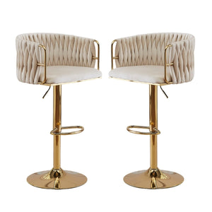 NNEDSZ 2x Height Adjustable Ivory Swivel Bar Stool Velvet Golden Round Base Barstools Chairs