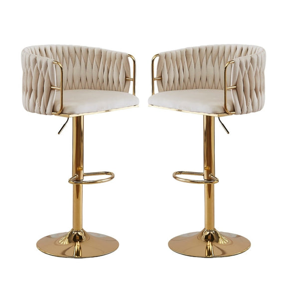 NNEDSZ 2x Height Adjustable Ivory Swivel Bar Stool Velvet Golden Round Base Barstools Chairs