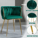 SERENITà Emerald Green Modern Hand Weaving Dining Chairs,Velvet Upholstered Side Chairs with Gold Legs, Chic Vanity Chairs with Armrest, Accent Chair for Dining Room, and Cafe Set of 2