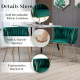 SERENITà Emerald Green Modern Hand Weaving Dining Chairs,Velvet Upholstered Side Chairs with Gold Legs, Chic Vanity Chairs with Armrest, Accent Chair for Dining Room, and Cafe Set of 2