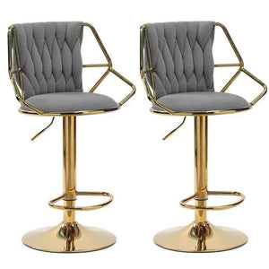 NNEDSZ 2x Height Velvet Padded Golden Round Base Barstools Chairs with Backrest and Footrest -GREY