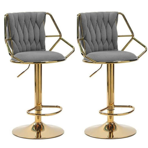 NNEDSZ 2x Height Velvet Padded Golden Round Base Barstools Chairs with Backrest and Footrest -GREY