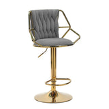 NNEDSZ 2x Height Velvet Padded Golden Round Base Barstools Chairs with Backrest and Footrest -GREY