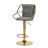 NNEDSZ 2x Height Velvet Padded Golden Round Base Barstools Chairs with Backrest and Footrest -GREY