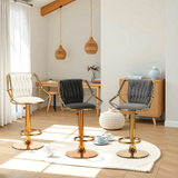 NNEDSZ 2x Height Velvet Padded Golden Round Base Barstools Chairs with Backrest and Footrest -GREY