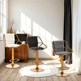 NNEDSZ 2x Height Velvet Padded Golden Round Base Barstools Chairs with Backrest and Footrest -GREY