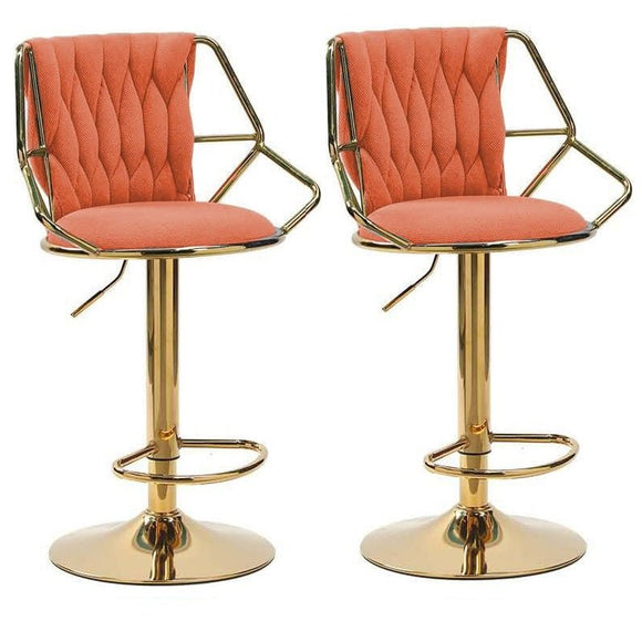 NNEDSZ 2x Height Velvet Padded Golden Round Base Barstools Chairs with Backrest and Footrest -ORANGE