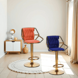 NNEDSZ 2x Height Velvet Padded Golden Round Base Barstools Chairs with Backrest and Footrest -ORANGE