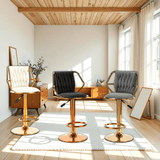NNEDSZ 2x Height Velvet Padded Golden Round Base Barstools Chairs with Backrest and Footrest -BEIGE