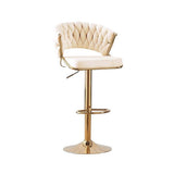 NNEDSZ 2x Height Beige Velvet Padded Golden Round Base Barstools Chairs