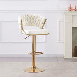 NNEDSZ 2x Height Beige Velvet Padded Golden Round Base Barstools Chairs