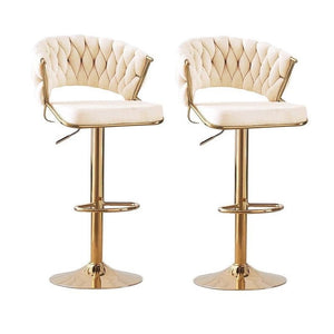 NNEDSZ 2x Height Beige Velvet Padded Golden Round Base Barstools Chairs