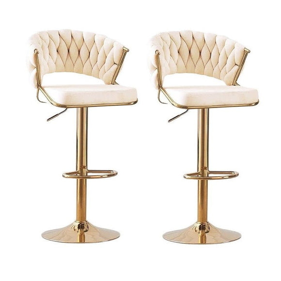 NNEDSZ 2x Height Beige Velvet Padded Golden Round Base Barstools Chairs