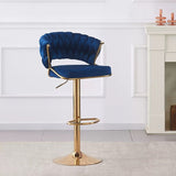 NNEDSZ 2x Height Blue Velvet Padded Golden Round Base Barstools Chairs