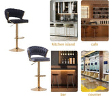 NNEDSZ 2x Height Blue Velvet Padded Golden Round Base Barstools Chairs