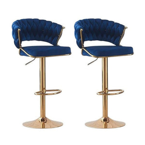 NNEDSZ 2x Height Blue Velvet Padded Golden Round Base Barstools Chairs