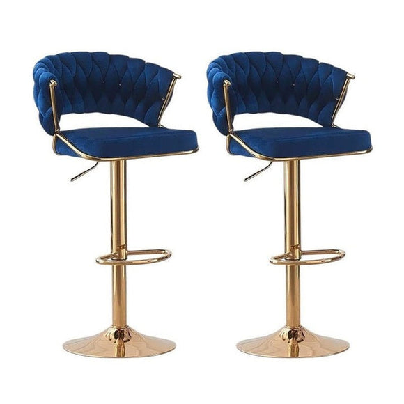 NNEDSZ 2x Height Blue Velvet Padded Golden Round Base Barstools Chairs