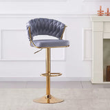 NNEDSZ 2x Height Grey Velvet Padded Golden Round Base Barstools Chairs