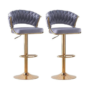 NNEDSZ 2x Height Grey Velvet Padded Golden Round Base Barstools Chairs