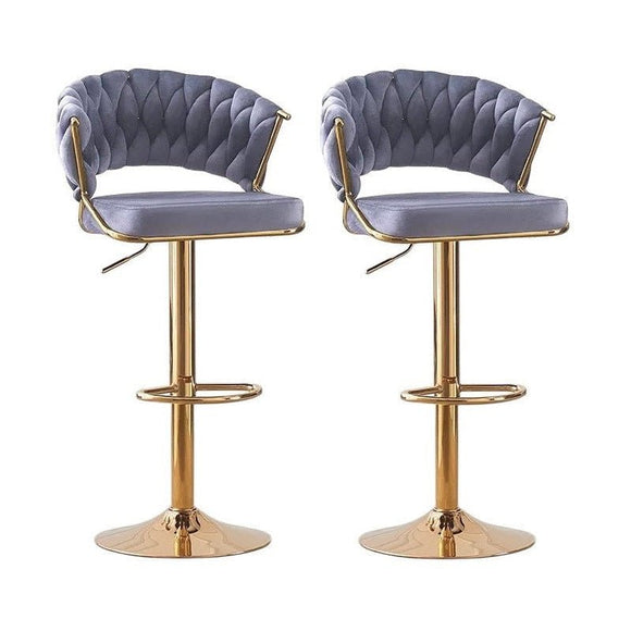 NNEDSZ 2x Height Grey Velvet Padded Golden Round Base Barstools Chairs