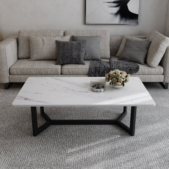 NNEDSZ 120x60cm Matte White Minimalist Slate Coffee Table Marble Tea Table Living Room Rectangle Cocktail Side Table Solid Metal Legs