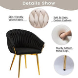 SERENITà Black Modern Velvet Dining Chairs, Upholstered Living Room Chair with Woven Back and Golden Metal Legs, Mid-Century Accent Set of 2(BLACK)