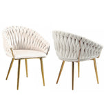 SERENITà Ivory Modern Velvet Dining Chairs, Upholstered Living Room Chair with Woven Back and Golden Metal Legs, Mid-Century Accent Set of 2(Ivory)