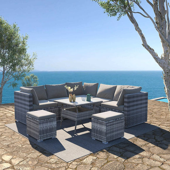 NNEDSZ 8PC Outdoor Dining Set Wicker Table & Chairs-Grey
