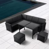 NNEDSZ Ella 8-Seater Modular Outdoor Garden Lounge and Dining Set with Table and Stools in Black