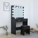 NNEDSZ Fidel Vanity Set with Cushioned Stool and Lighted Mirror- Black