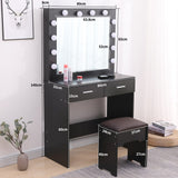 NNEDSZ Fidel Vanity Set with Cushioned Stool and Lighted Mirror- Black