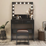 NNEDSZ Fidel Vanity Set with Cushioned Stool and Lighted Mirror- Black