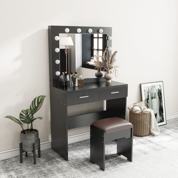 NNEDSZ Fidel Vanity Set with Cushioned Stool and Lighted Mirror- Black