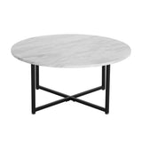 NNEDSZ White Marble Effect Round Coffee Table with Black Legs