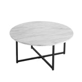 NNEDSZ White Marble Effect Round Coffee Table with Black Legs