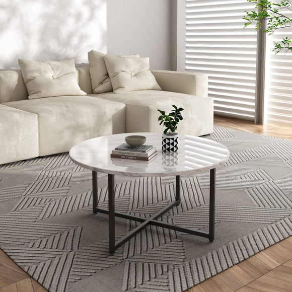 NNEDSZ White Marble Effect Round Coffee Table with Black Legs